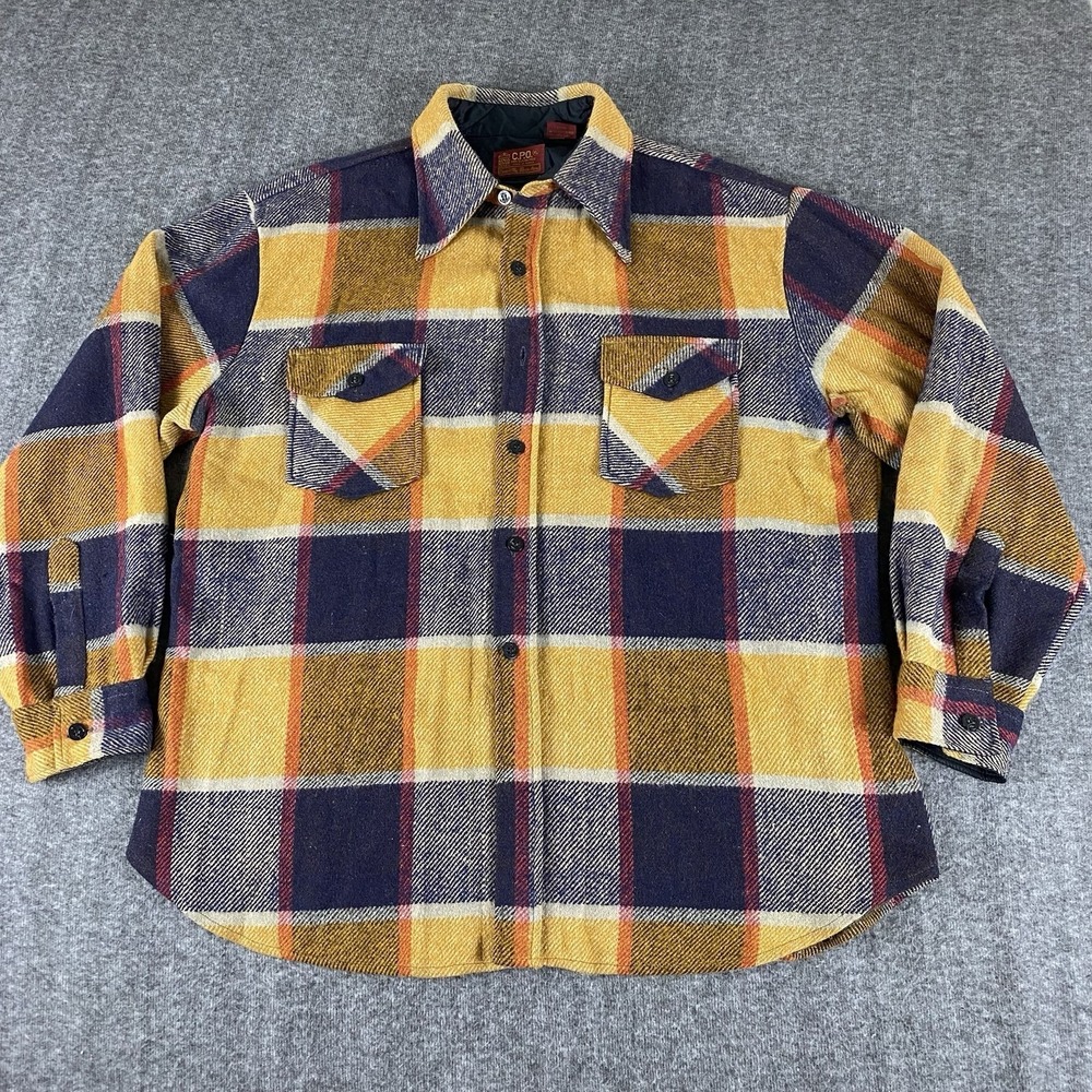Vintage Sears Kings Road CPO Wool Blend Shirt Jacket XL Yellow Navy Plaid